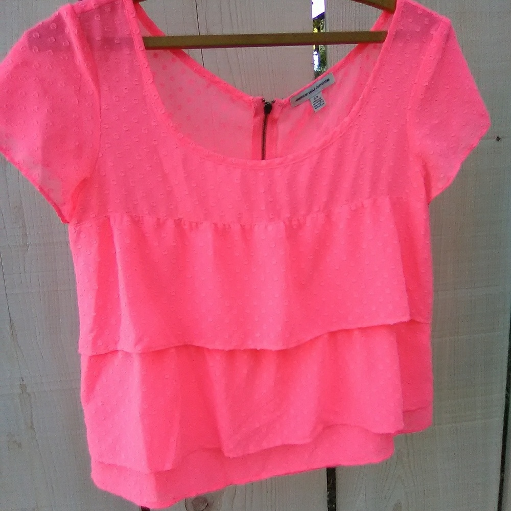 American Eagle Neon pink dot ruffle top